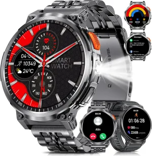 Military Smart Watches for Men with Bluetooth Call, 1.85" HD Screen Waterproof smartwatch with Flashlight, 114 Sport Modes, 730mAh Heart Rate/SpO2/Sleep Monitor Fitness Tracker for iOS Android