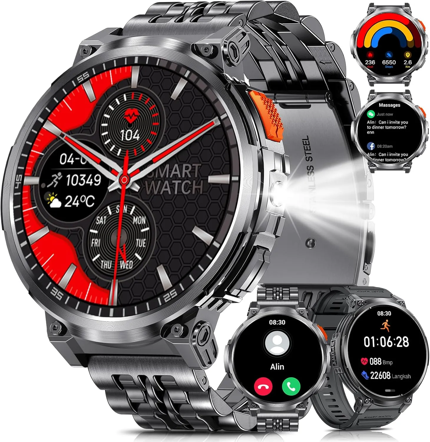 Military Smart Watches for Men with Bluetooth Call, 1.85" HD Screen Waterproof smartwatch with Flashlight, 114 Sport Modes, 730mAh Heart Rate/SpO2/Sleep Monitor Fitness Tracker for iOS Android
