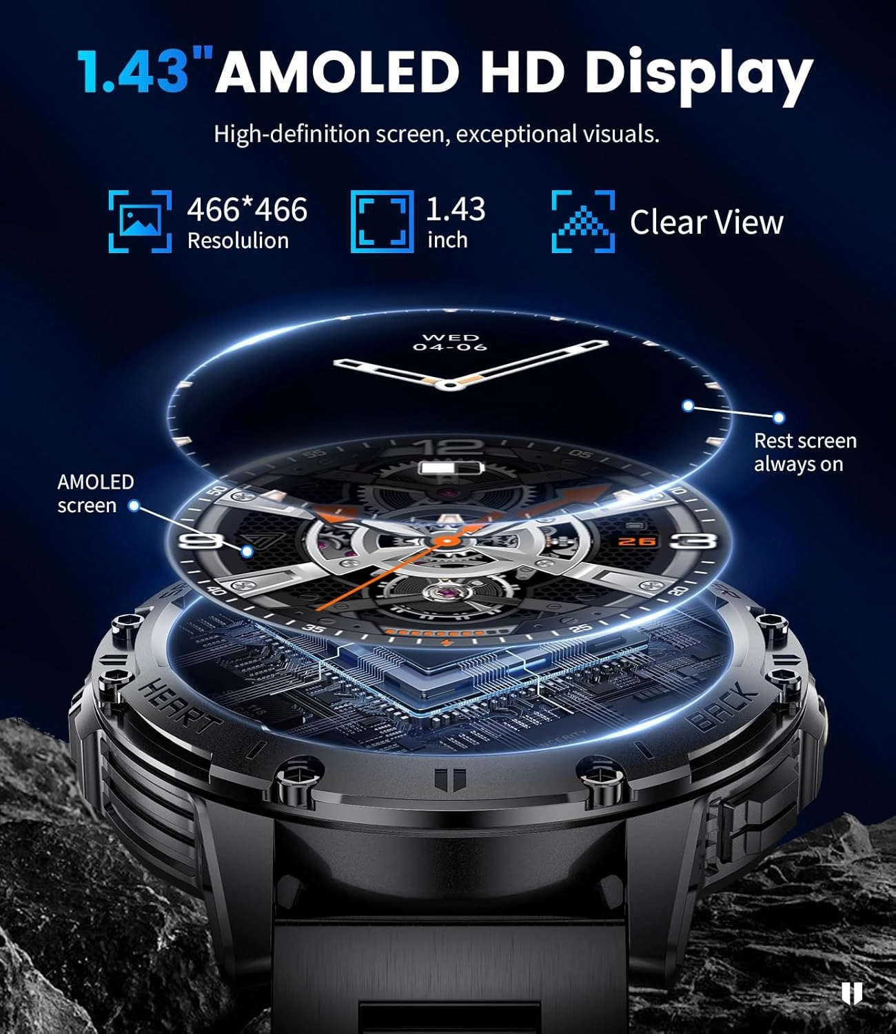 Military Smart Watches for Men(Answer/Make Call) with LED Flashlight,1.43" HD AMOLED Upgraded Outdor 530mAh Sports Smartwatch with Heart Rate/Sleep Monitor/IP68, Fitness Tracker for Android iOS