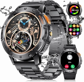 Military Smart Watches for Men(Answer/Make Call) with LED Flashlight,1.43" HD AMOLED Upgraded Outdor 530mAh Sports Smartwatch with Heart Rate/Sleep Monitor/IP68, Fitness Tracker for Android iOS