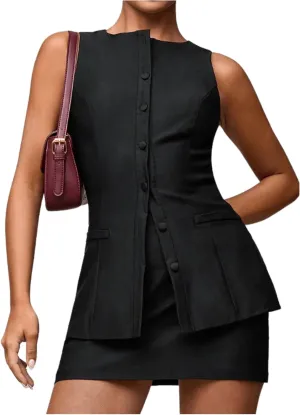 Milumia Women's 2 Piece Outfits Button Up Sleeveless Tank Top High Waist Mini Skirts Set