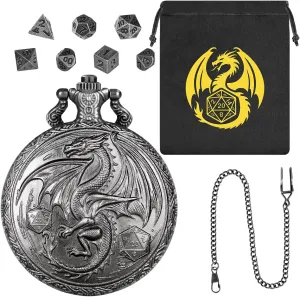 Mini DND Dice Set, Steampunk Winged Dragon Pocket Watch Shell Case, 7-Piece Polyhedral Metal D&D Dice, DND Gift Bag with Dragon Logo, Role Play Board Game Accessories, Dark Silver