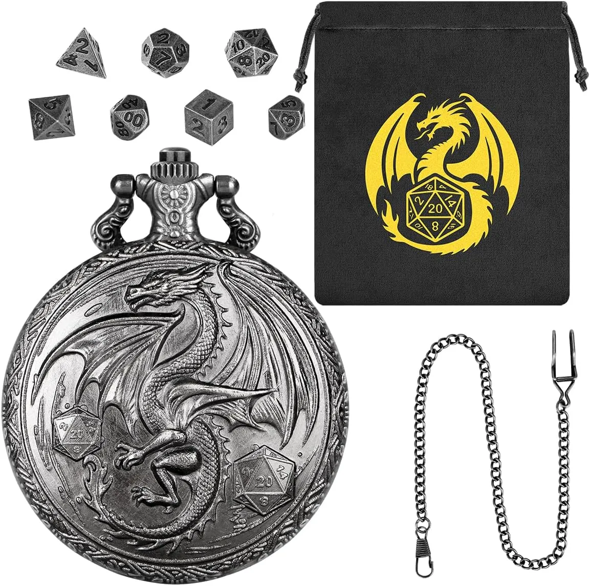Mini DND Dice Set, Steampunk Winged Dragon Pocket Watch Shell Case, 7-Piece Polyhedral Metal D&D Dice, DND Gift Bag with Dragon Logo, Role Play Board Game Accessories, Dark Silver