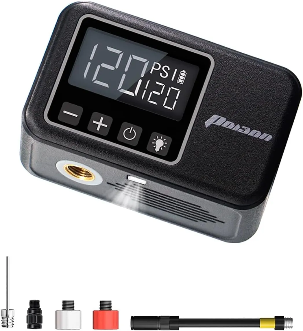 Mini Electric Bike Pump with Gauge, Max 120 PSI, 28s Fast Inflate Tiny Portable Bicycle Pump, Presta and Schrader Valve for E-Bike, Mountain, City, Gravel and Road Bike, Cycling Accessories