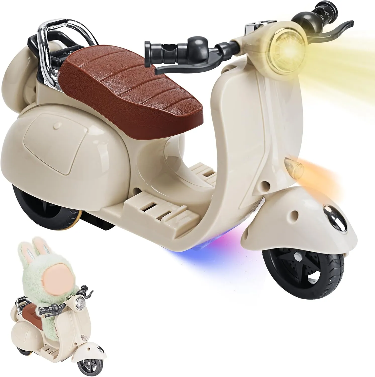 Mini Electric Doll Scooter Toy for 17cm Doll – with Music & Lights, Interactive 360° Rotation, Plastic Scooter Decor (Beige)
