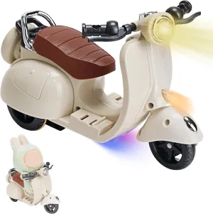 Mini Electric Doll Scooter Toy for 17cm Doll – with Music & Lights, Interactive 360° Rotation, Plastic Scooter Decor (Beige)