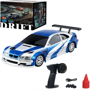 Mini RC Car, 1:43 High Speed Race Car, 2.4GHz 4WD Hobby Toy Car with LED Lights and Drift Tires for Adults (Blue White)