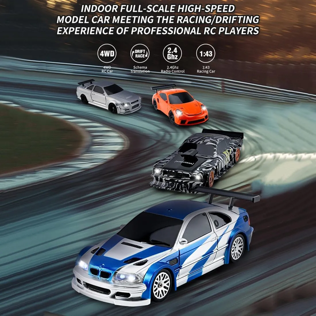 Mini RC Car, 1:43 High Speed Race Car, 2.4GHz 4WD Hobby Toy Car with LED Lights and Drift Tires for Adults (Blue White)