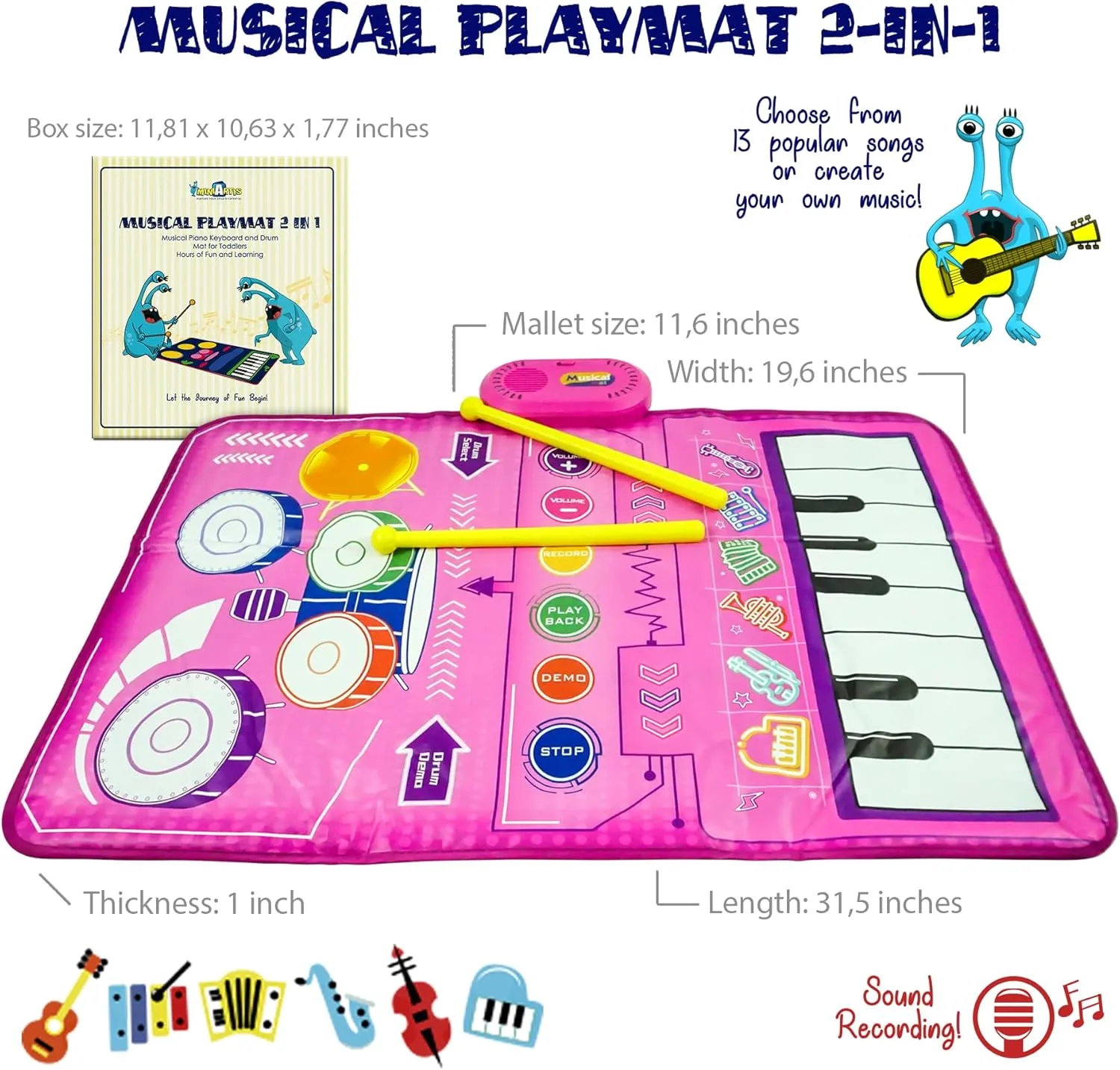 MINIARTIS 2-in-1 Baby Musical Mat | Floor Piano Mat & Drum Set for Toddlers 1-3 | Baby Musical Toys | Educational Music Mat for Girls & Boys Birthday Gifts