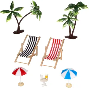Miniature Beach Decoration Set Coconut Trees Parasols Deckchairs Beverages Round Coffee Table for Doll House and Fairy Garden Decor
