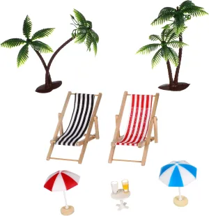 Miniature Beach Ornament Set Craft with Palm Trees Deckchairs Parasols Drinks Round Table Micro Landscape Decor for Fairy Garden and Dollhouse