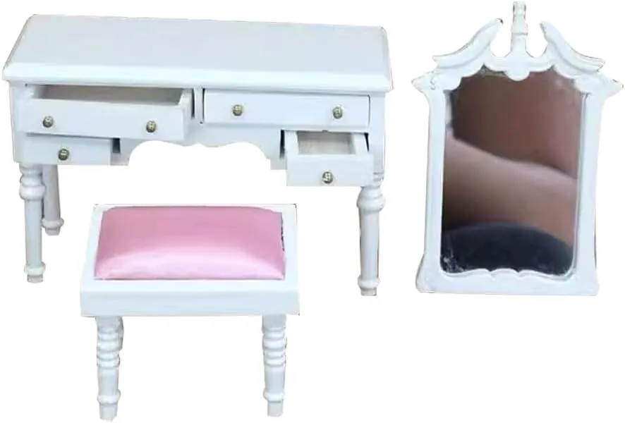 Miniature Vanity Desk with Mirror and Stool 1:12 Scale Dollhouse Make Up Dresser Table with Drawers Decor for Doll House Bedroom Furniture