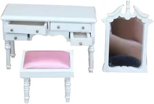 Miniature Vanity Desk with Mirror and Stool 1:12 Scale Dollhouse Make Up Dresser Table with Drawers Decor for Doll House Bedroom Furniture