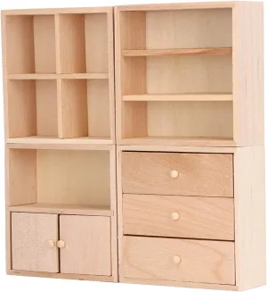 Miniature Wooden Dollhouse Furniture Cabinet Set Simple and Stylish 4 Pcs Doll House Cabinet for 1/12 Dollhouse for Home Decor