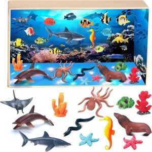 MiniInflat 39 Pcs Ocean Diorama Kit Sea Creature Toys Bulk Sea Animal Figure Toys Realistic Ocean Animal Figurines Toy Including Shark, Whale, Corals, Seagrass and More