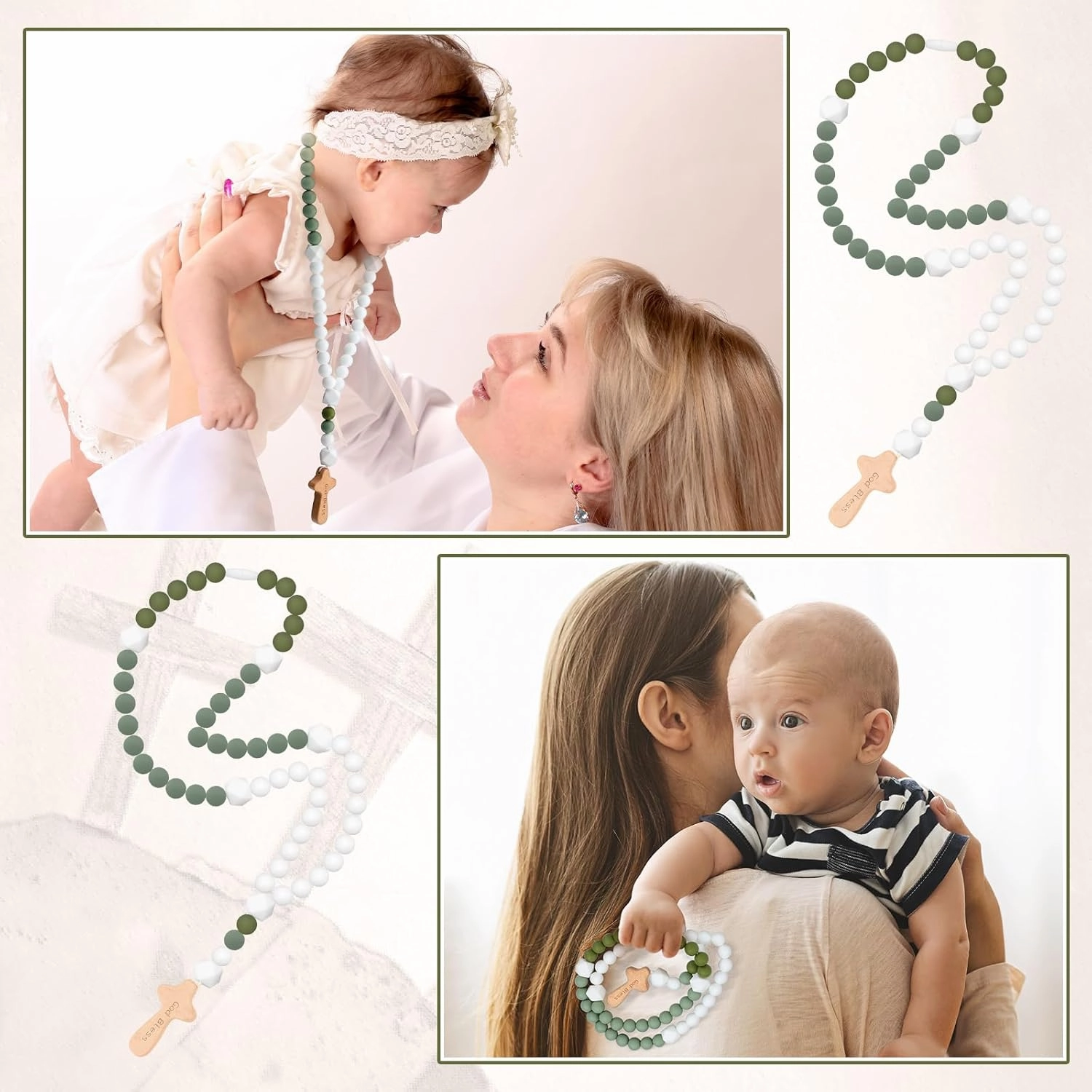 Misdary Baby Rosary Baptism Gift Silicone God Bless Kids First Rosary with Cross 1st Year Baptism Party Supply for Baby Shower Christian Communion Gifts(Green,Square)