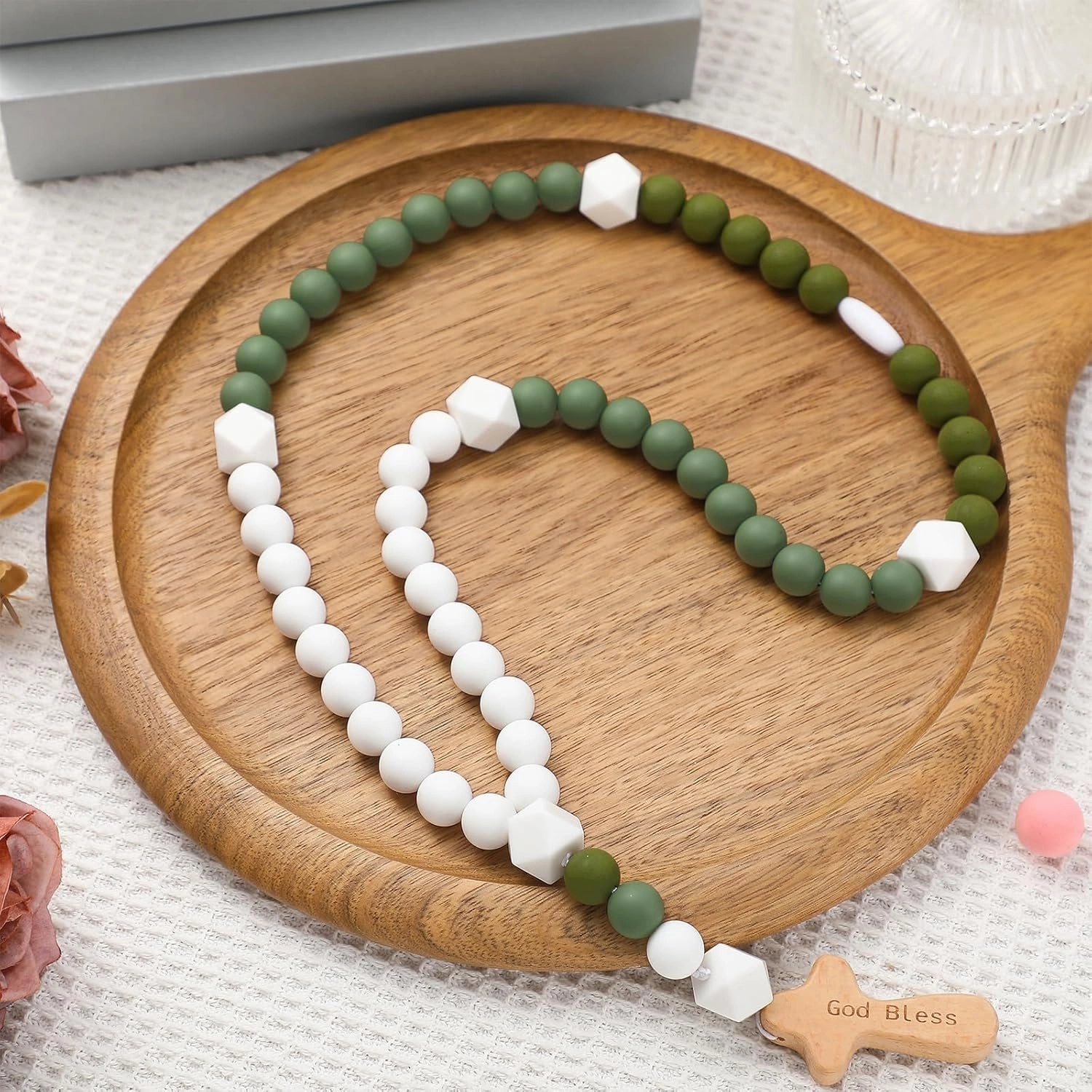 Misdary Baby Rosary Baptism Gift Silicone God Bless Kids First Rosary with Cross 1st Year Baptism Party Supply for Baby Shower Christian Communion Gifts(Green,Square)