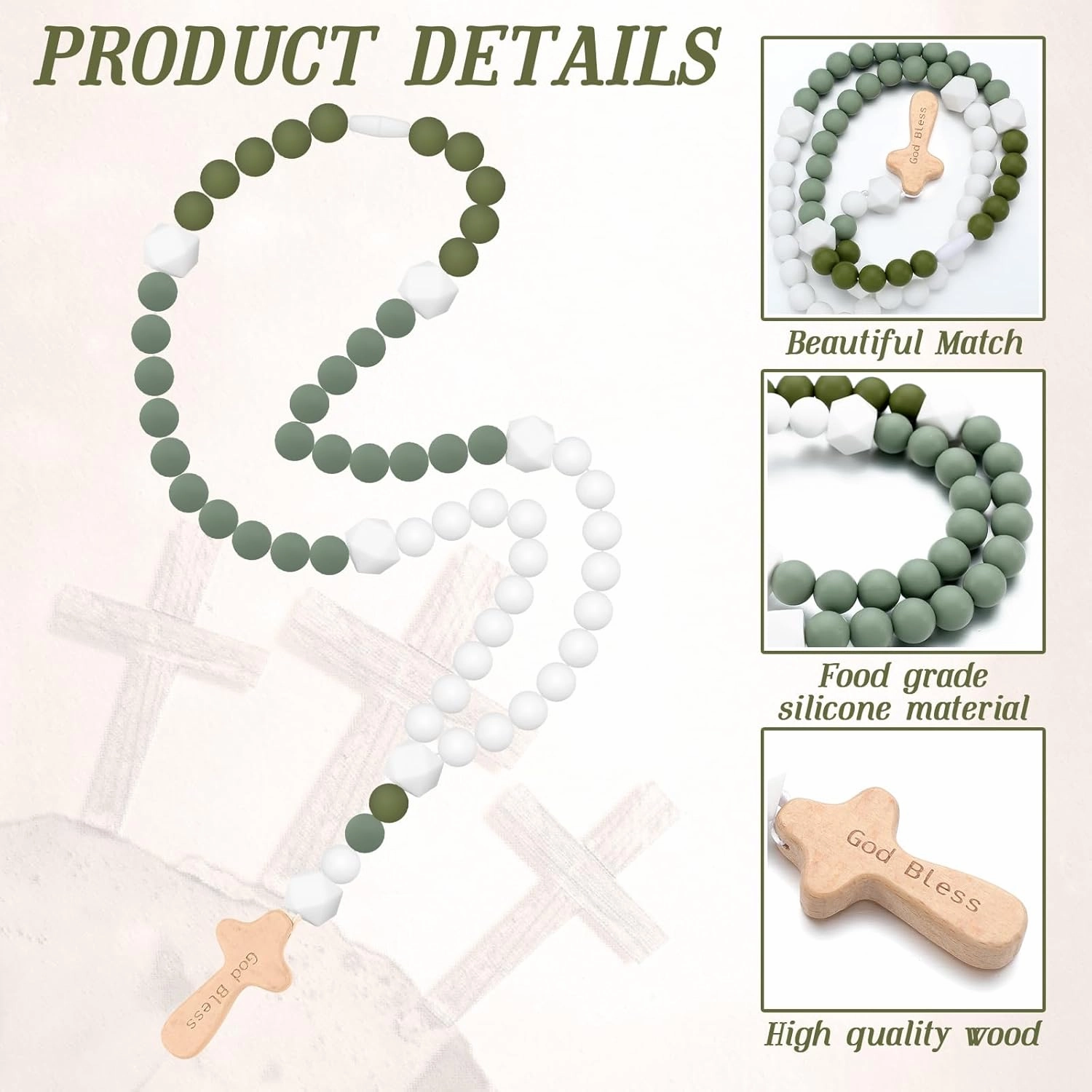 Misdary Baby Rosary Baptism Gift Silicone God Bless Kids First Rosary with Cross 1st Year Baptism Party Supply for Baby Shower Christian Communion Gifts(Green,Square)