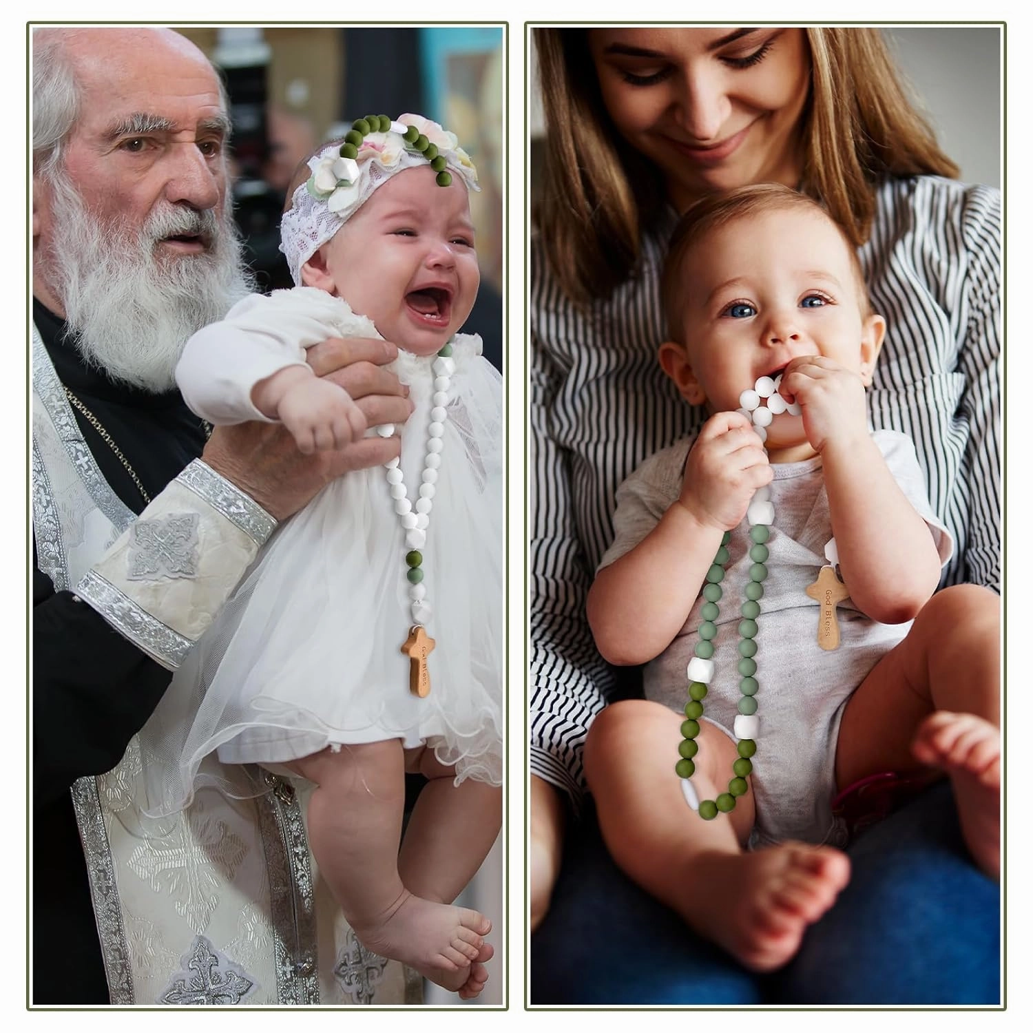 Misdary Baby Rosary Baptism Gift Silicone God Bless Kids First Rosary with Cross 1st Year Baptism Party Supply for Baby Shower Christian Communion Gifts(Green,Square)