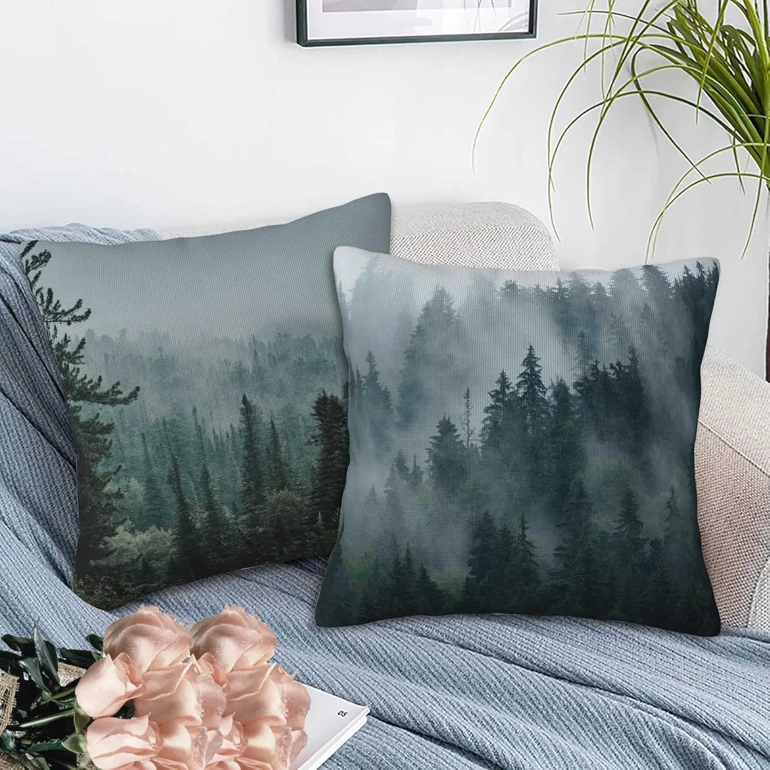 Misty Forest Throw Pillow Cover Case Misty Valley and Dark Forest Throw Pillows Set of 2 Soft Pillow Covers 18x18 Inches Farmhouse Home Decor for Living Room Bedroom Sofa Couch Cushion Cover