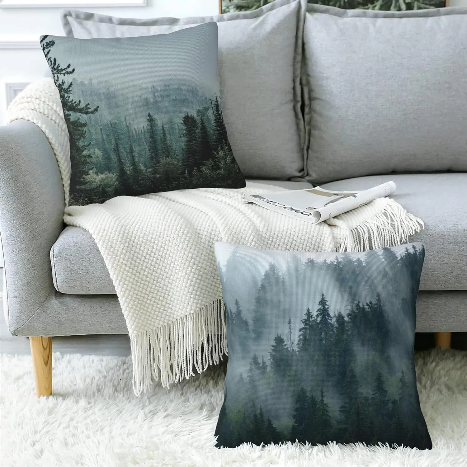 Misty Forest Throw Pillow Cover Case Misty Valley and Dark Forest Throw Pillows Set of 2 Soft Pillow Covers 18x18 Inches Farmhouse Home Decor for Living Room Bedroom Sofa Couch Cushion Cover