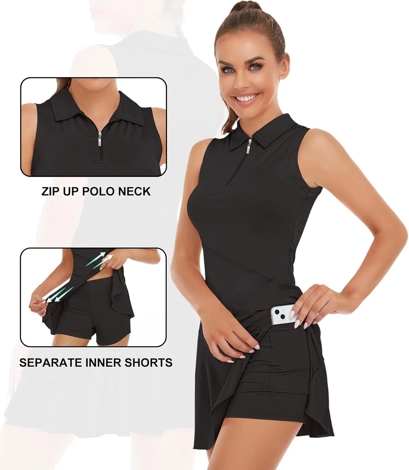 Misyula Tennis Dresses for Women,Athletic Dress with Shorts 2Pockets Zip Up Polo Sleeveless Golf Workout Dress(XS-XL)