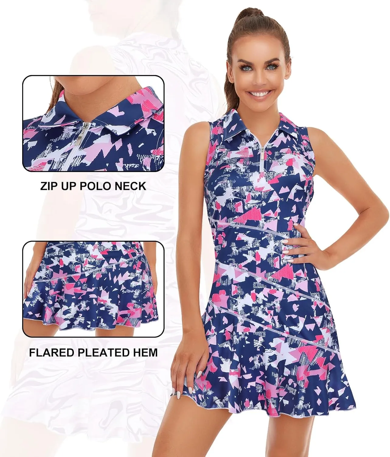 Misyula Tennis Dresses for Women,Athletic Dress with Shorts 2Pockets Zip Up Polo Sleeveless Golf Workout Dress(XS-XL)