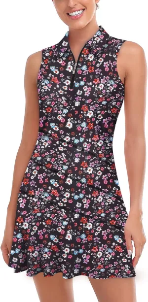 Misyula Tennis Dresses for Women,Athletic Dress with Shorts 2Pockets Zip Up Polo Sleeveless Golf Workout Dress(XS-XL)