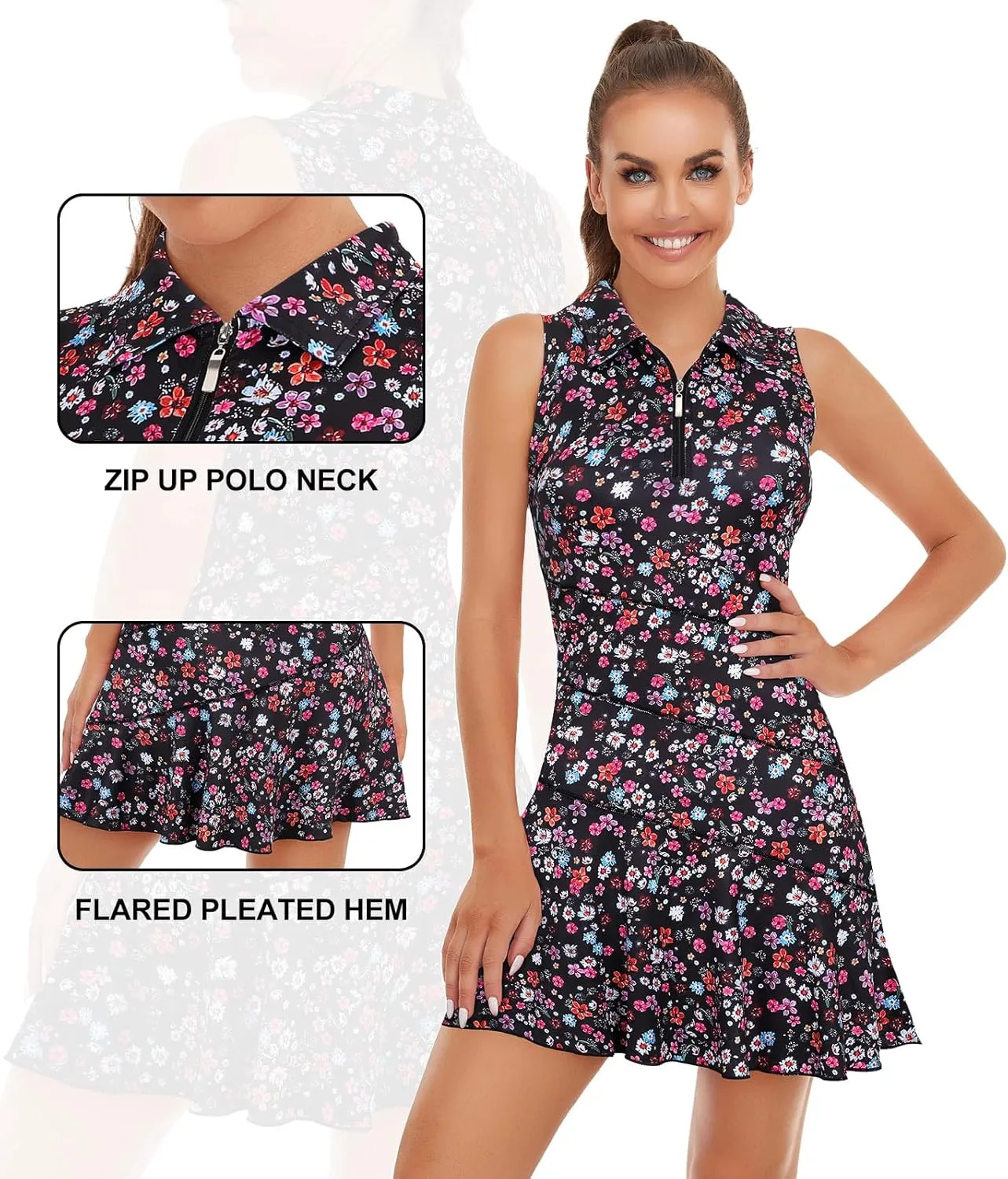 Misyula Tennis Dresses for Women,Athletic Dress with Shorts 2Pockets Zip Up Polo Sleeveless Golf Workout Dress(XS-XL)