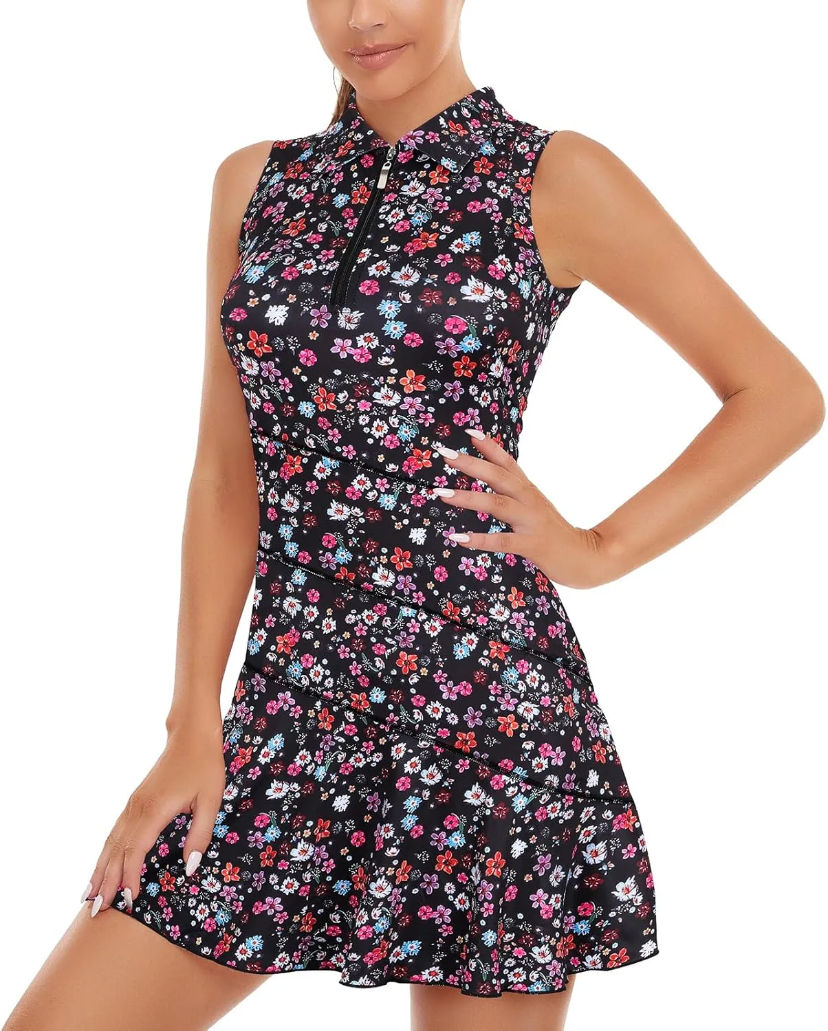 Misyula Tennis Dresses for Women,Athletic Dress with Shorts 2Pockets Zip Up Polo Sleeveless Golf Workout Dress(XS-XL)