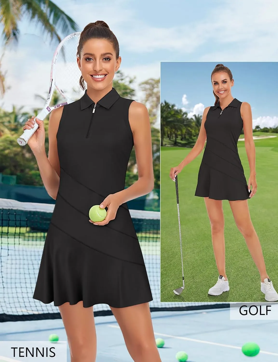 Misyula Tennis Dresses for Women,Athletic Dress with Shorts 2Pockets Zip Up Polo Sleeveless Golf Workout Dress(XS-XL)