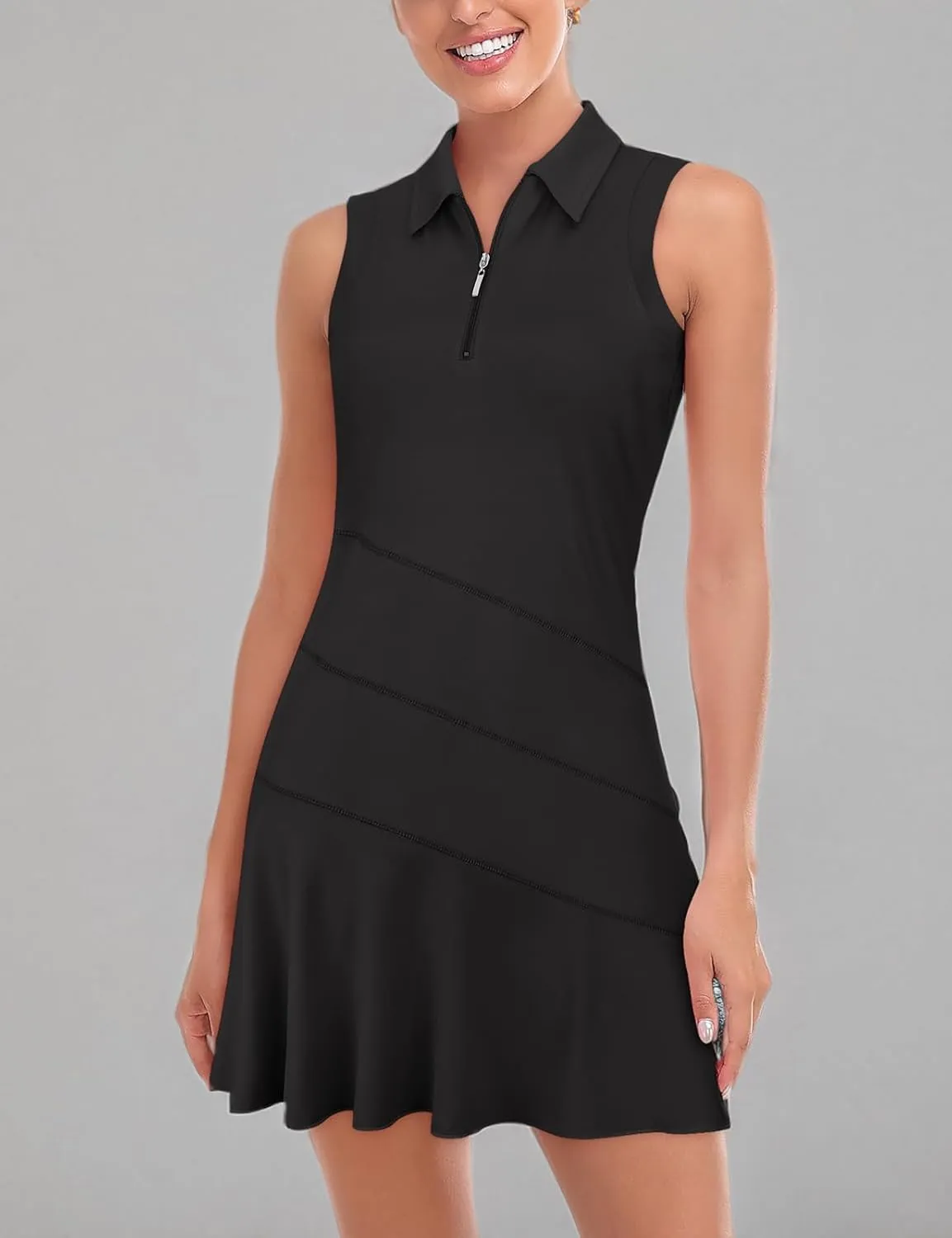 Misyula Tennis Dresses for Women,Athletic Dress with Shorts 2Pockets Zip Up Polo Sleeveless Golf Workout Dress(XS-XL)