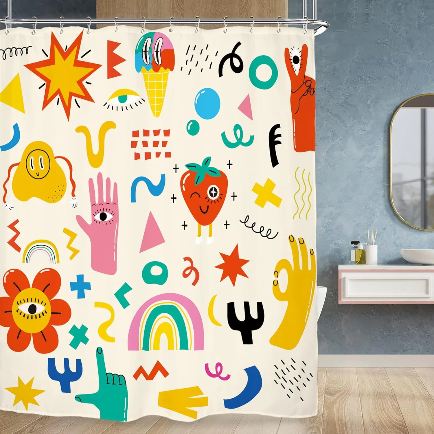 Miyotaa Groovy Funky Hippy Shower Curtain Set 60Wx71H Inches 70s Retro Cute Kids Cartoon Rainbow Trendy Colorful Waterproof Bathroom Curtain with 12 Hooks