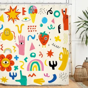 Miyotaa Groovy Funky Hippy Shower Curtain Set 60Wx71H Inches 70s Retro Cute Kids Cartoon Rainbow Trendy Colorful Waterproof Bathroom Curtain with 12 Hooks