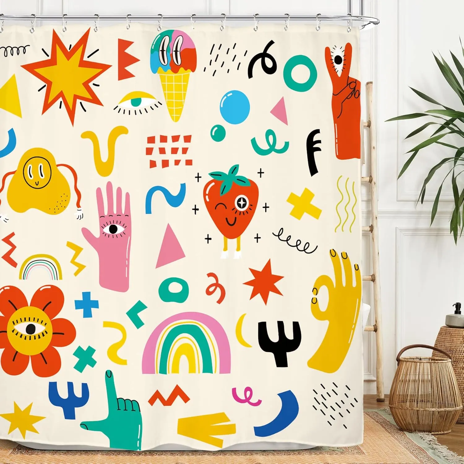 Miyotaa Groovy Funky Hippy Shower Curtain Set 60Wx71H Inches 70s Retro Cute Kids Cartoon Rainbow Trendy Colorful Waterproof Bathroom Curtain with 12 Hooks