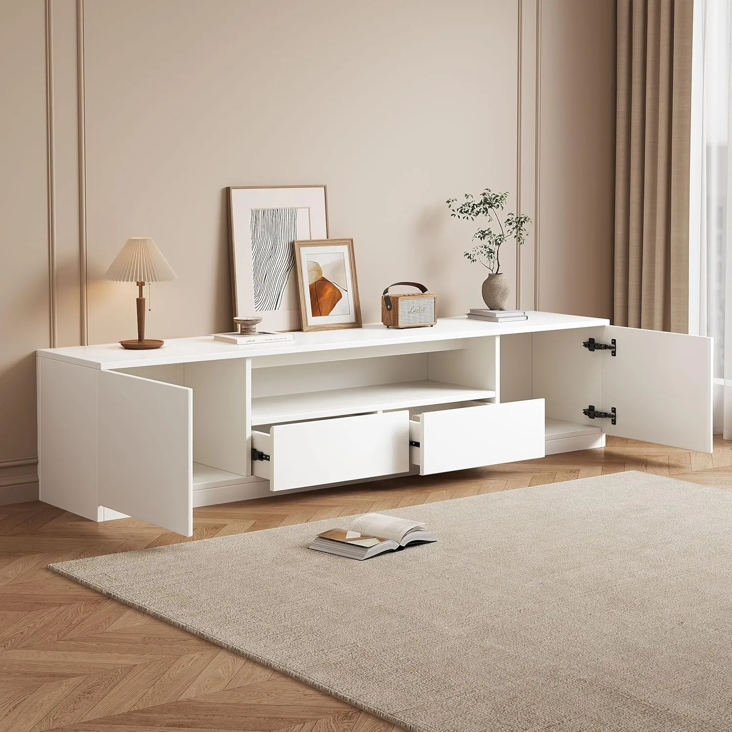 Modern Media Console TV Stand for 65/70/75 inch TV, TV Cabinet with Storage Drawers, Wooden Entertainment Center for Living Apartment