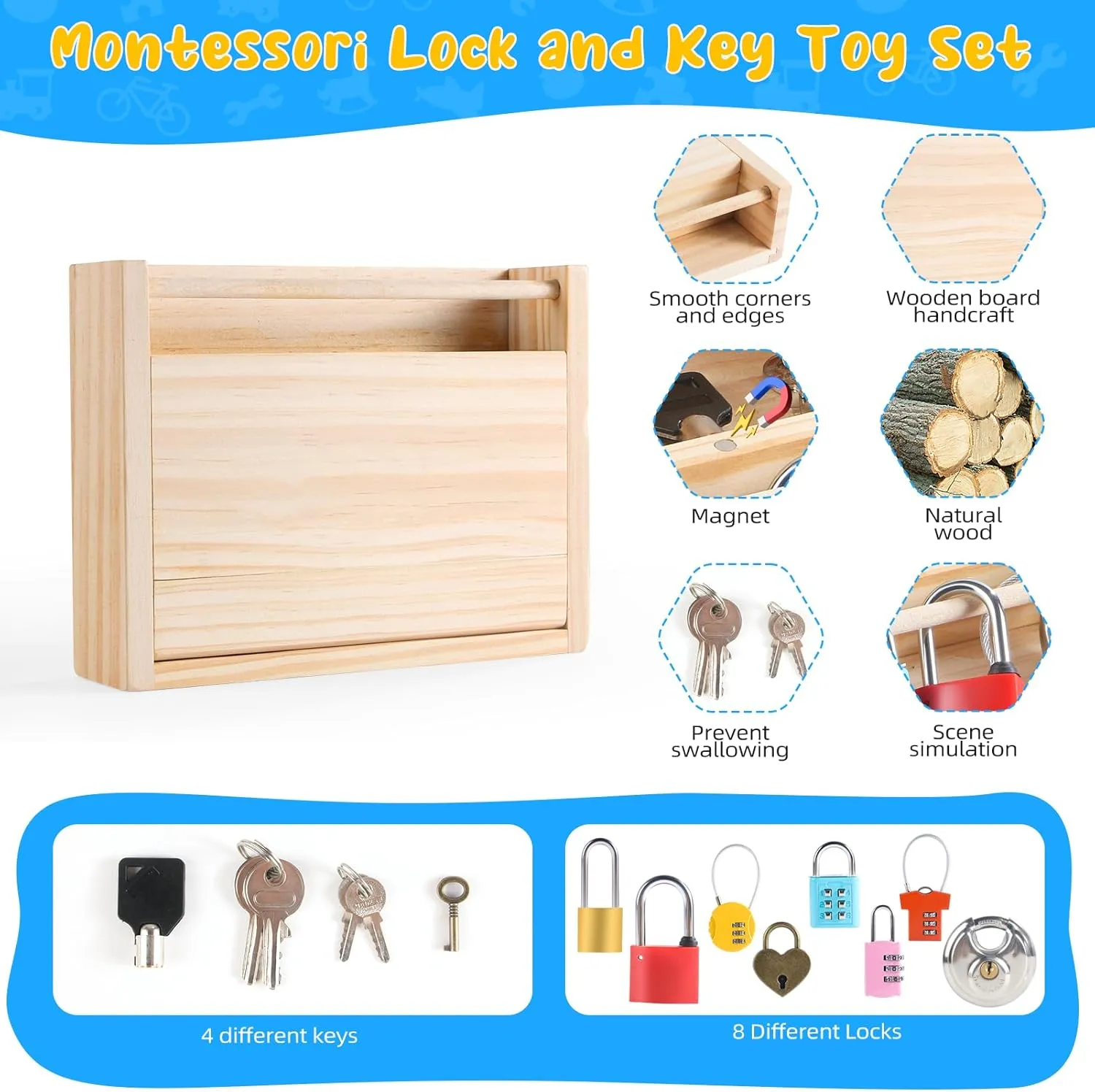 Montessori Toys for 3 4 5 Year Old,Montessori Lock and Key Toy Set,Wooden Montessori Materials,Kids Tool Set,Preschool Learning Sensory - Fine Motor Skills - STEM Toys