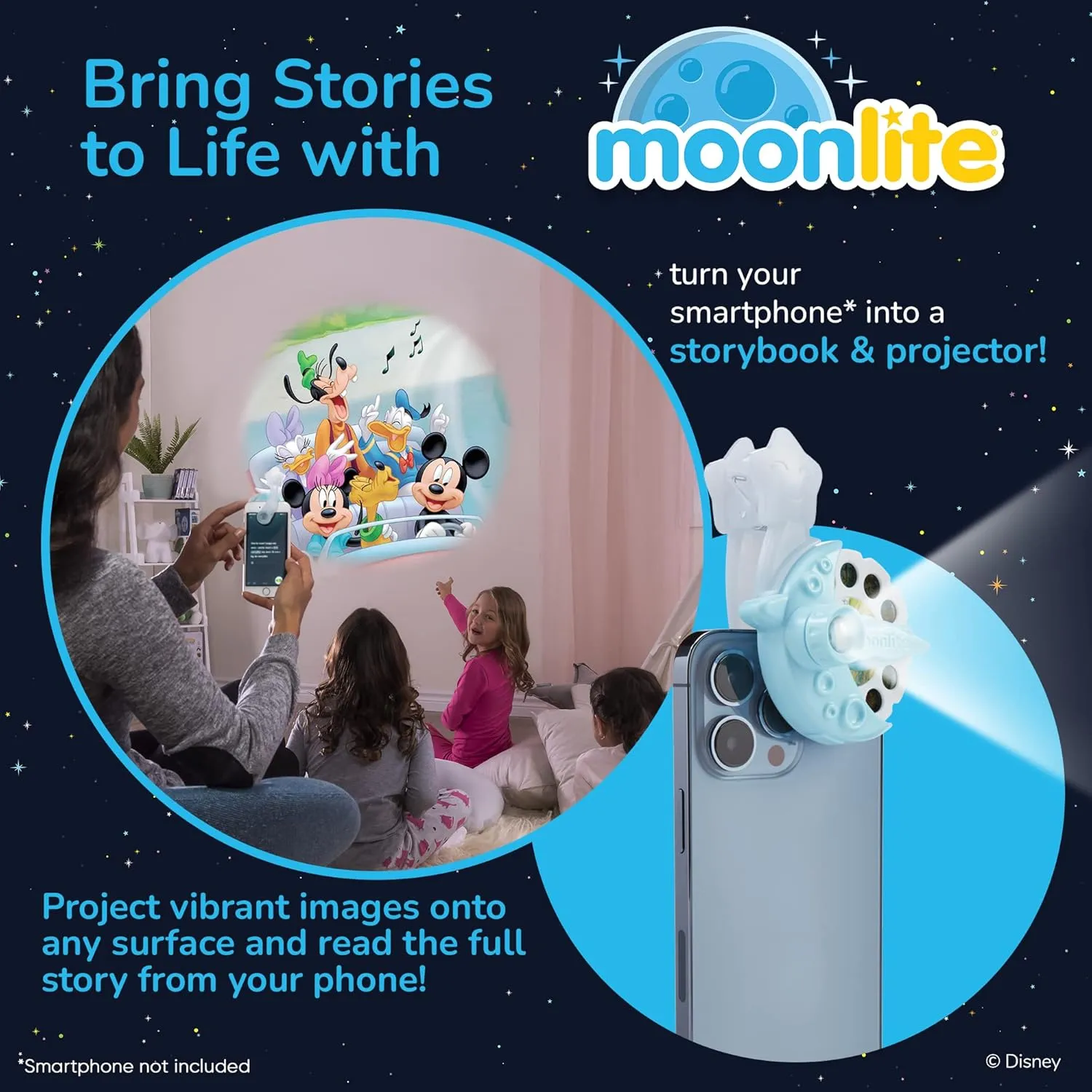 Moonlite Storytime Mini Projector with 4 Mickey Mouse and Friends Stories, A Magical Way to Read Together, Digital Storybooks, Fun Sound Effects, Learning Gifts for Kids Ages 1 and Up