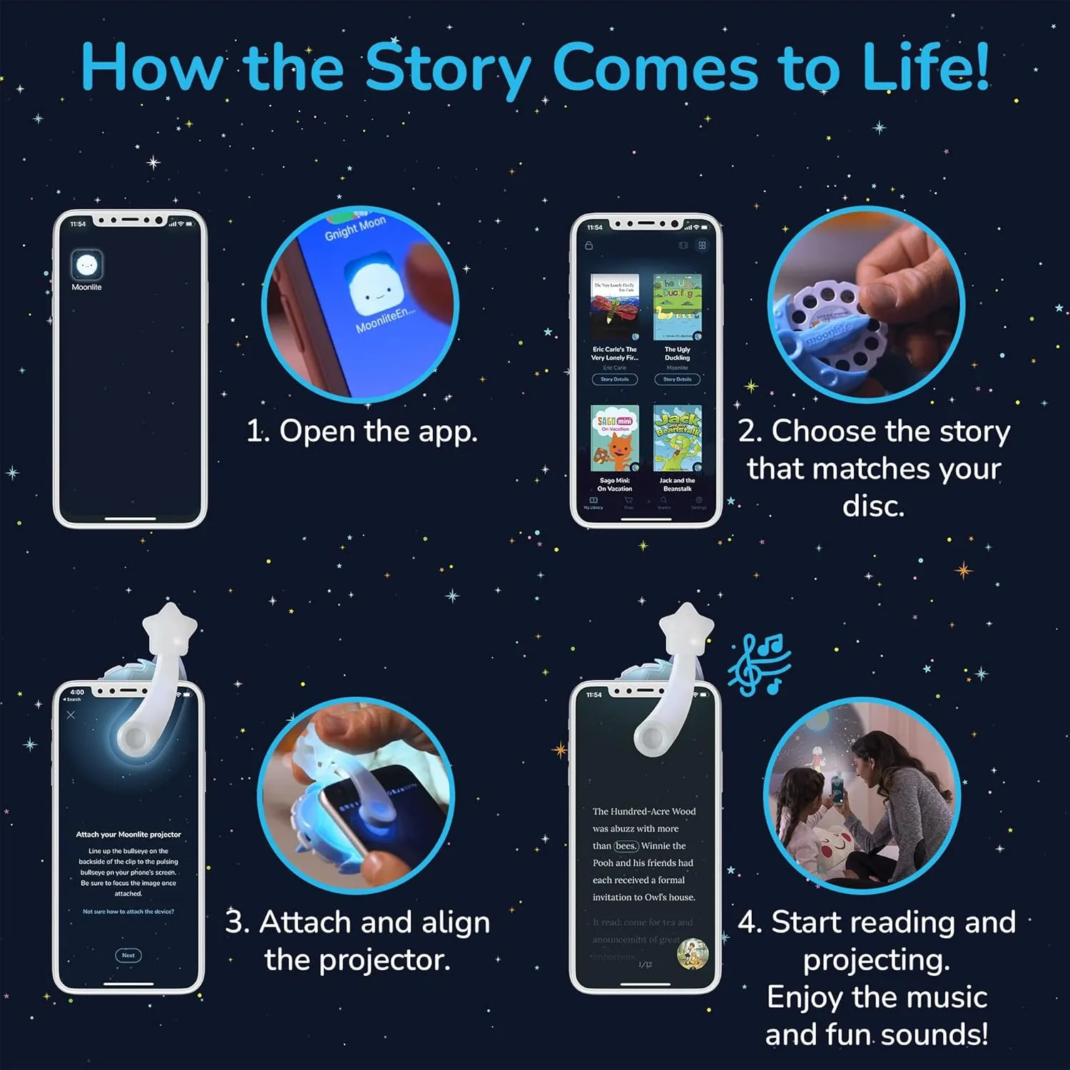 Moonlite Storytime Mini Projector with 4 Mickey Mouse and Friends Stories, A Magical Way to Read Together, Digital Storybooks, Fun Sound Effects, Learning Gifts for Kids Ages 1 and Up