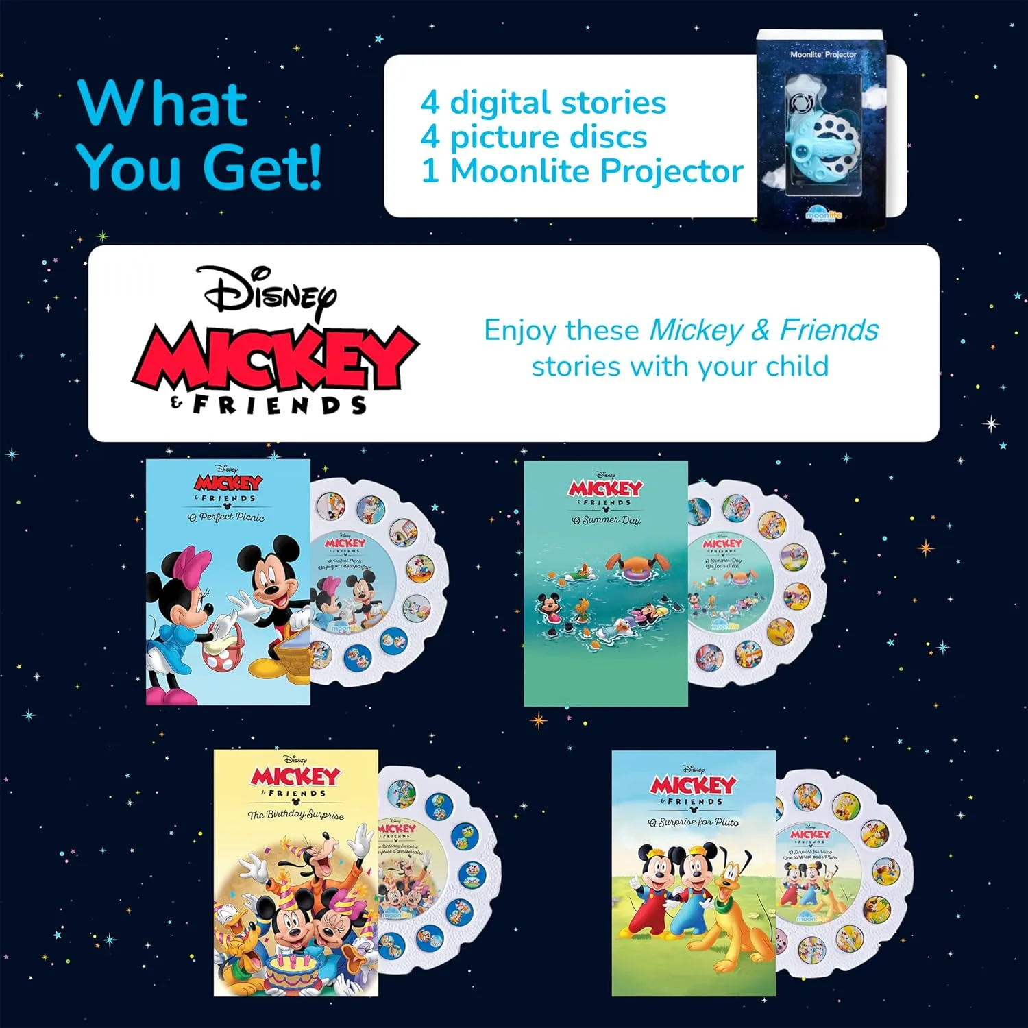 Moonlite Storytime Mini Projector with 4 Mickey Mouse and Friends Stories, A Magical Way to Read Together, Digital Storybooks, Fun Sound Effects, Learning Gifts for Kids Ages 1 and Up