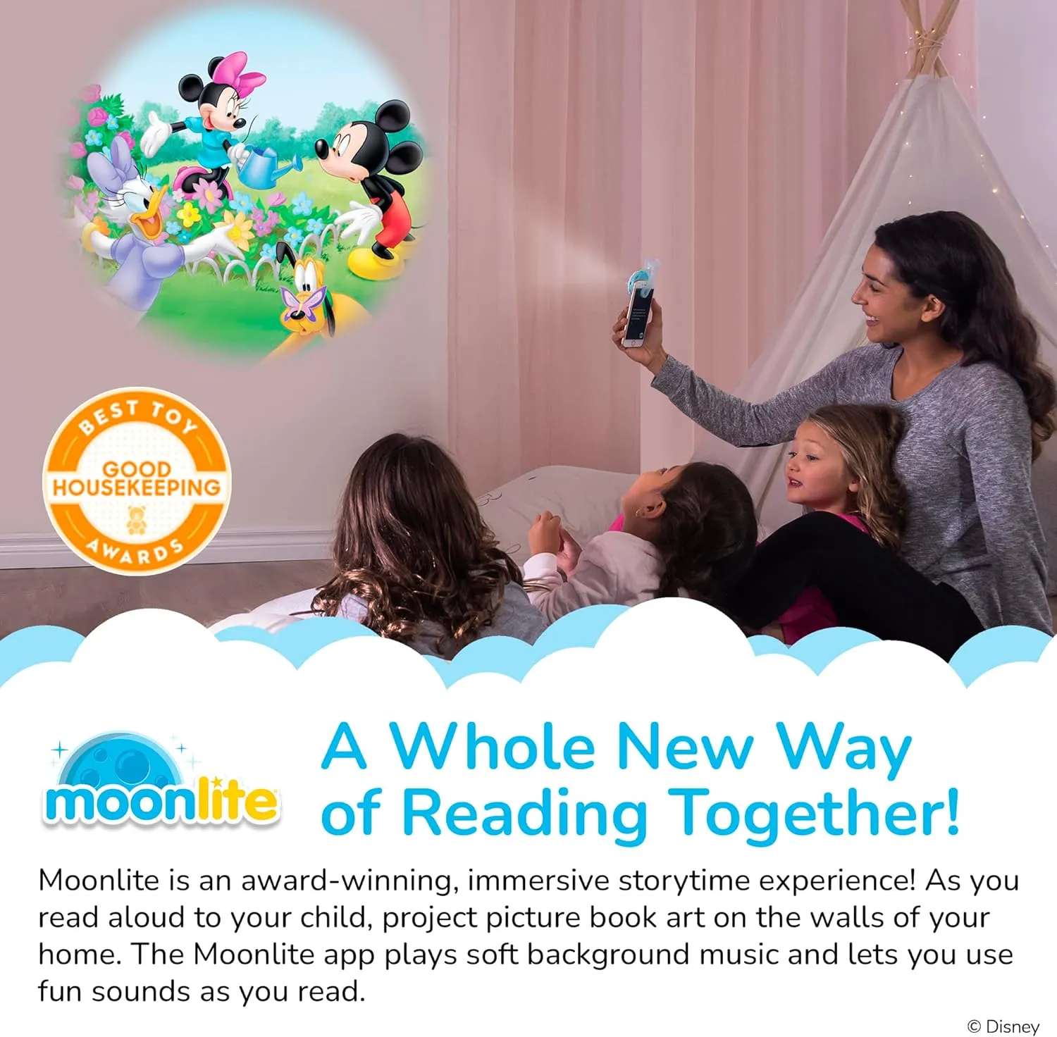 Moonlite Storytime Mini Projector with 4 Mickey Mouse and Friends Stories, A Magical Way to Read Together, Digital Storybooks, Fun Sound Effects, Learning Gifts for Kids Ages 1 and Up