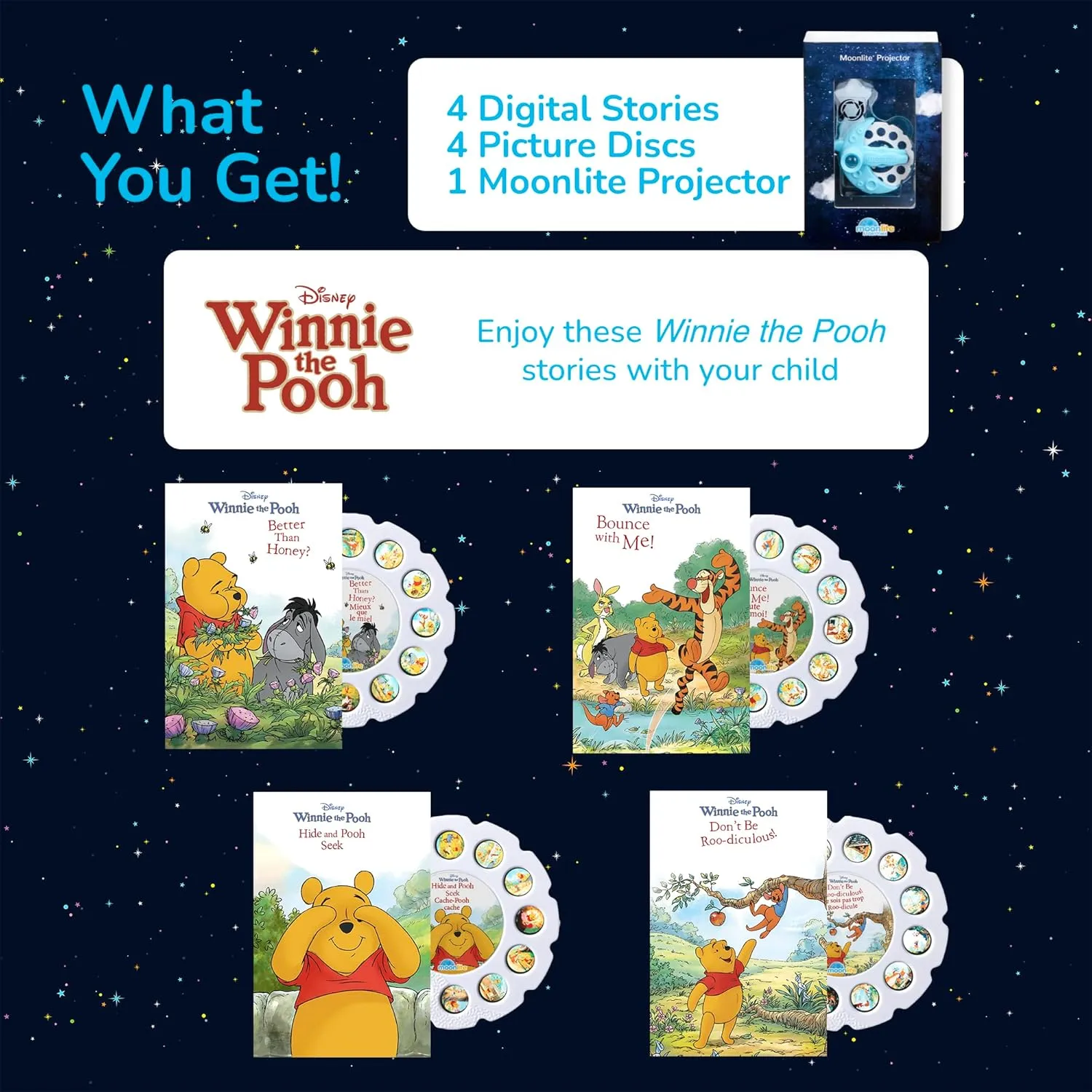 Moonlite Storytime Mini Projector with 4 Winnie The Pooh Stories, A Magical Way to Read Together, Digital Storybooks, Fun Sound Effects, Learning Gifts for Kids Ages 1 and Up