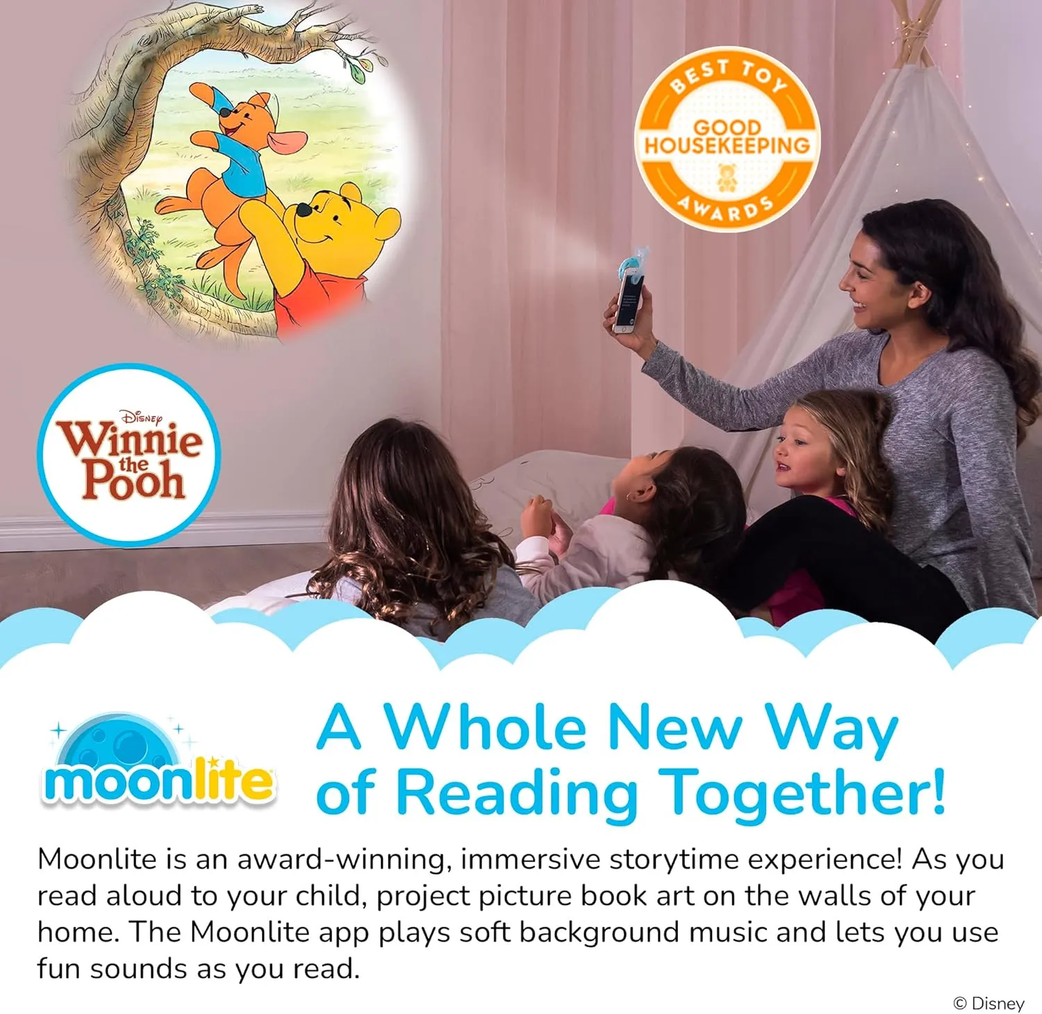 Moonlite Storytime Mini Projector with 4 Winnie The Pooh Stories, A Magical Way to Read Together, Digital Storybooks, Fun Sound Effects, Learning Gifts for Kids Ages 1 and Up