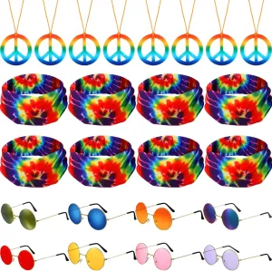 MTLEE 24 Pcs Hippie Costume Set Accessories Includes Peace Sign Necklaces Tie Dye Headbands Retro Colorful Sunglasses 60s 70s Party Decorations for Adults Unisex Birthday Halloween Supplies