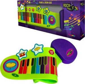 MUKIKIM Jr Piano and Drum Duo - Portable Flexible Piano & Drum Pad Toy for Ages 3  Kids. Educational Silicone Musical Instrument Playset with 32 Standard Keys & Built-in Speaker. Battery Powered