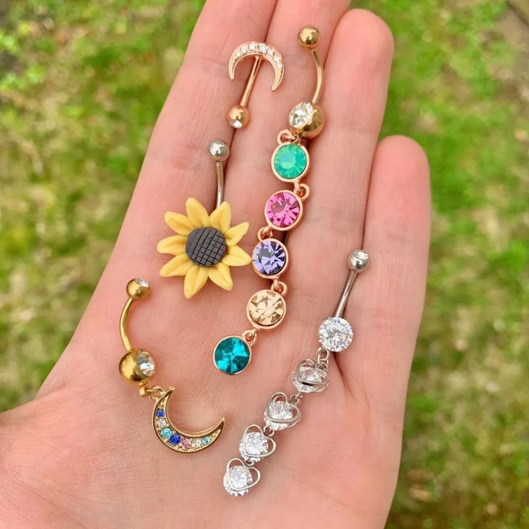 Multi Gem Rose Gold Plated Skinny Line Drop Dangle Belly Ring