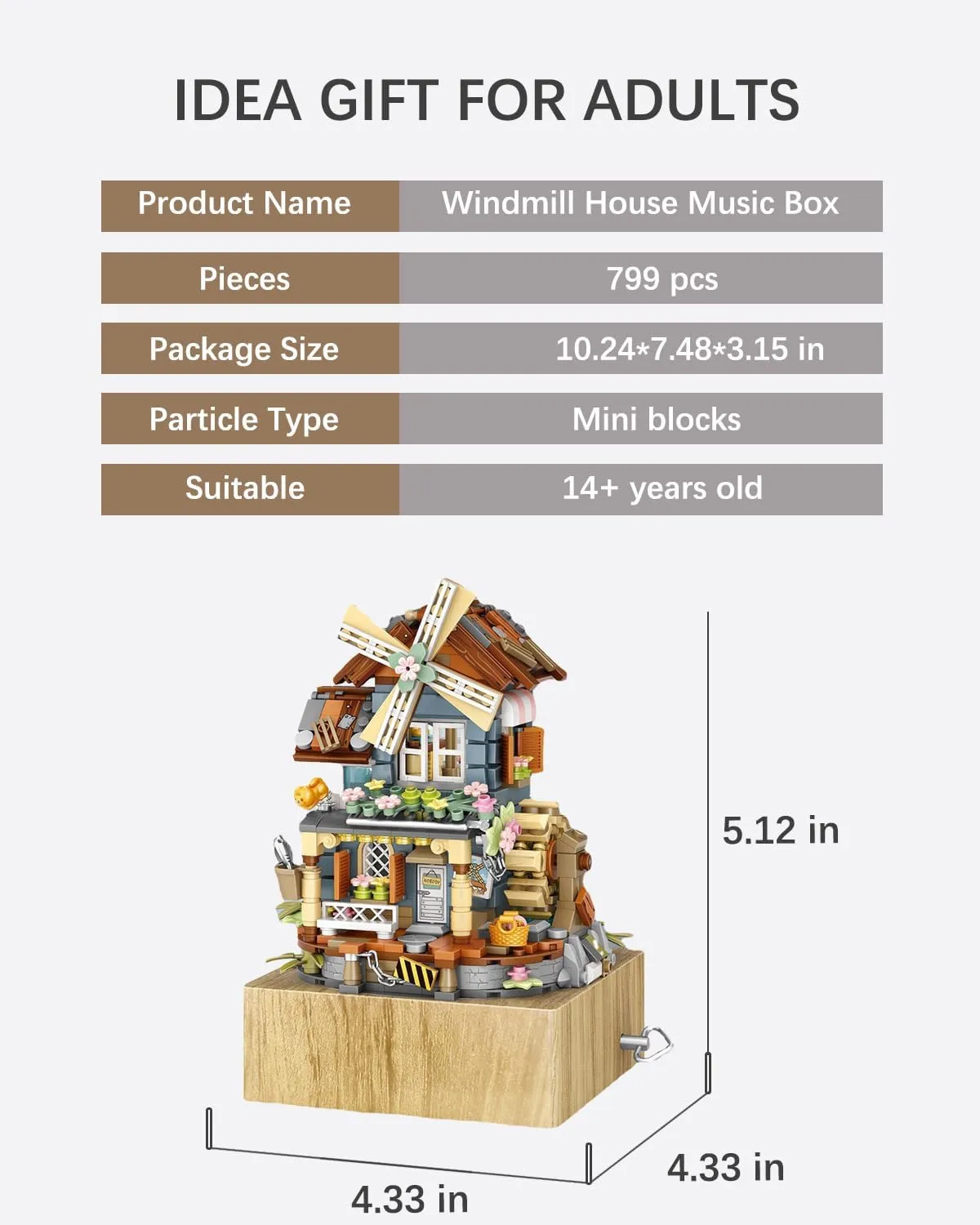 Music Box Building Blocks Set, Japanese Windmill House, Farm House Scene Creative Model, Mini Bricks Construction Building Toy for Adults, Gifts for Girls (1239)