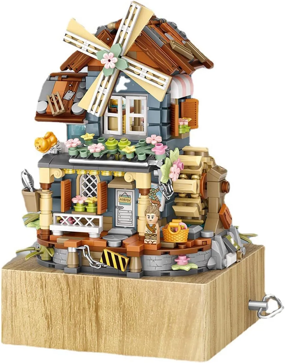 Music Box Building Blocks Set, Japanese Windmill House, Farm House Scene Creative Model, Mini Bricks Construction Building Toy for Adults, Gifts for Girls (1239)