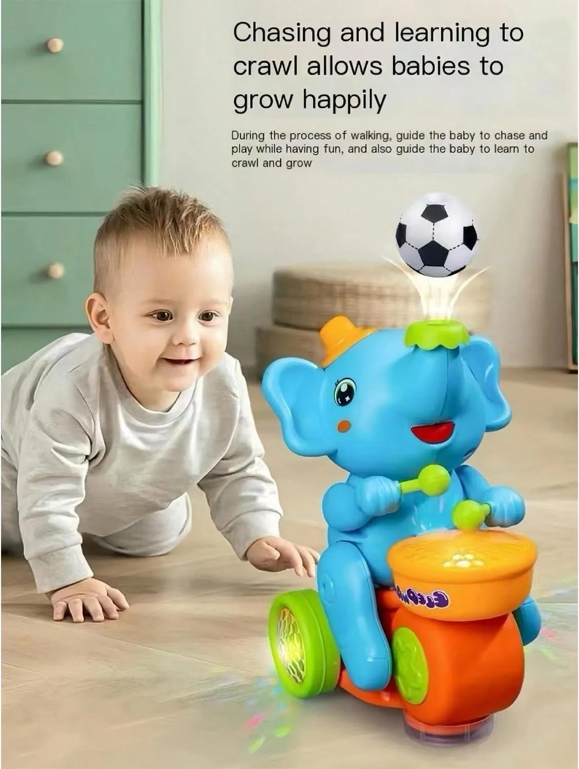 Musical Walking Elephant Drummer Toy, Viral Elephant Toy with Ball, Baby Elephant Toy Floating Ball, Electric Elephant Toy with Music Light Universal Wheel for Kids 1-3 (Orange)
