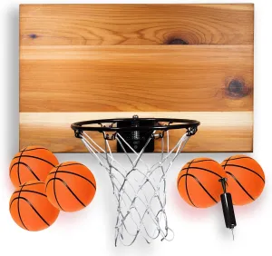MVP Mini Indoor Basketball Hoop & Ball Set in Solid red Cedar Made in USA. Unique Over The Door or Wall Option 5 Mini Basketballs for Indoor Fun.